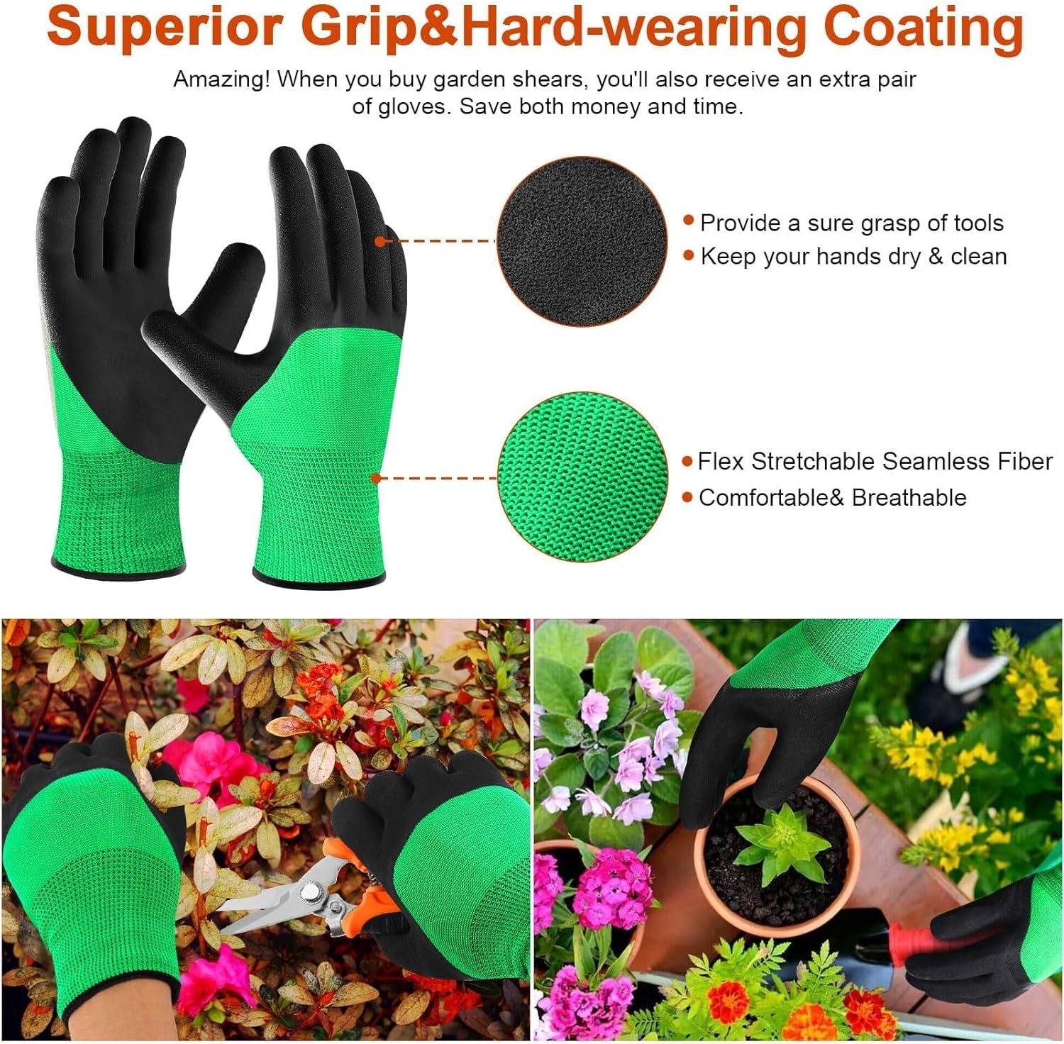 3-Piece Garden Pruning Shears Set with Stainless Steel Blades and Protective Gloves